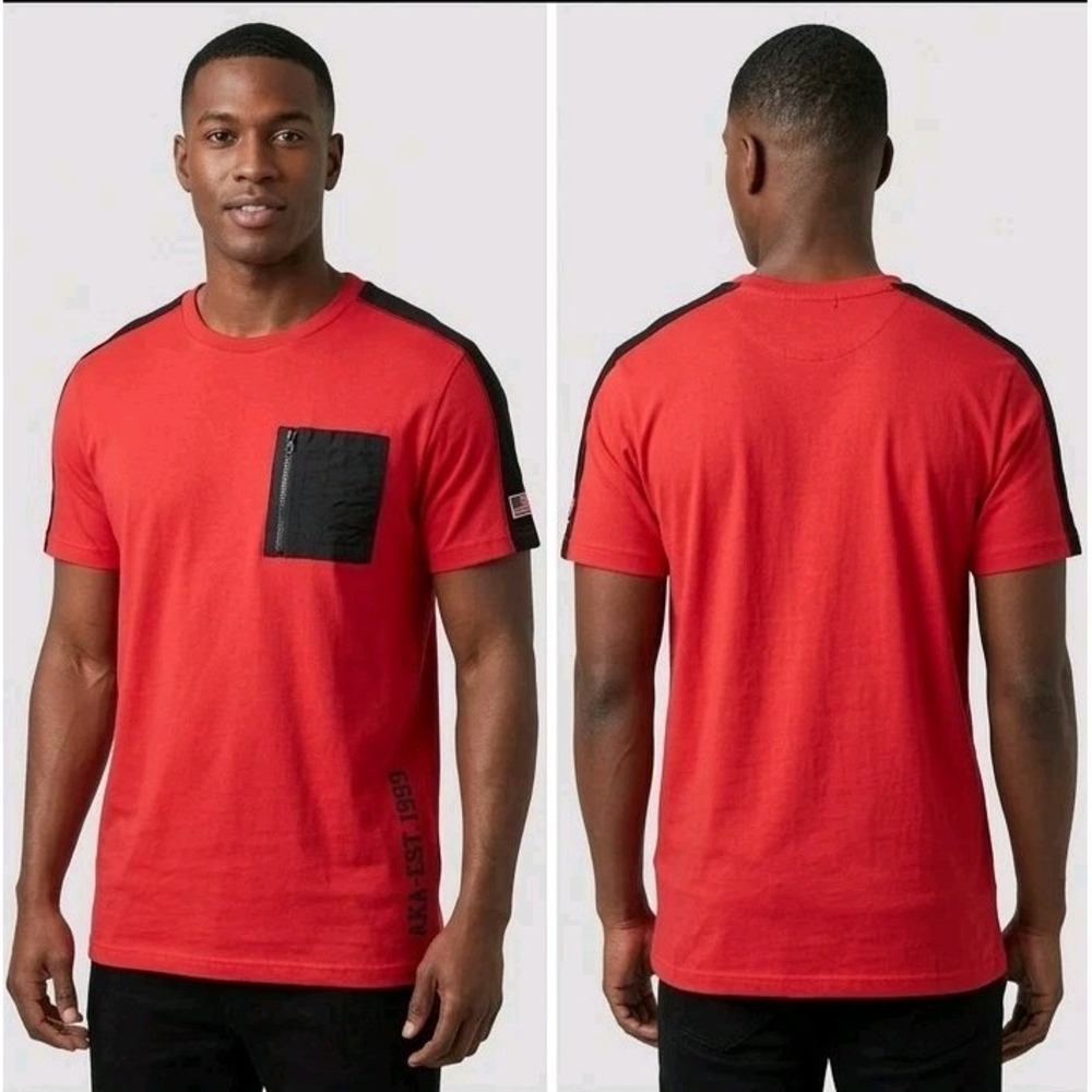 Akademiks Mens XL Red Black Zipper Pocket T-Shirt Short Sleeve Urban Hip Hop Tee